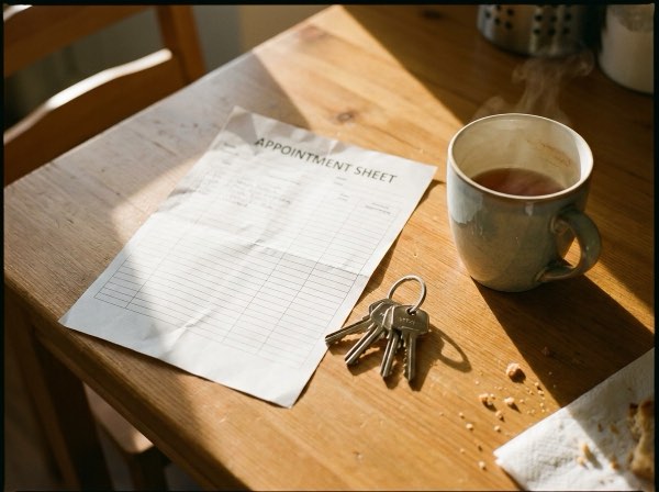 A printed appointment sheet on a kitchen table beside keys and a mug