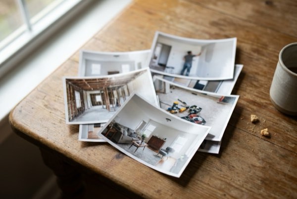 Printed photographs of a room at different stages of renovation, spread on a table