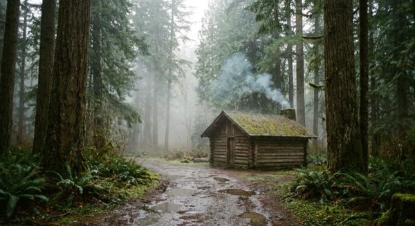 A timber cabin among conifers in low mist