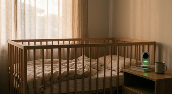 A cot in a quiet bedroom at dawn, a baby monitor on the side table