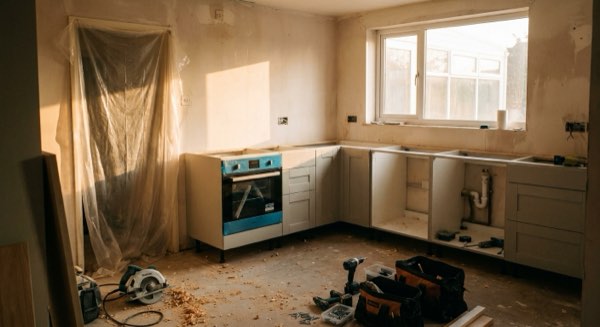 A kitchen part-way through renovation, units in but no worktop